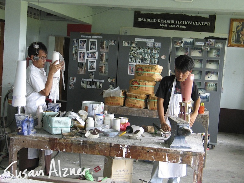 Prosthetics lab at the Mae Tao medical clinic for Burmese refugees in Mae Sot, Thailand. Many refugees lose limbs from land mines while fleeing from Burma to Thailand.