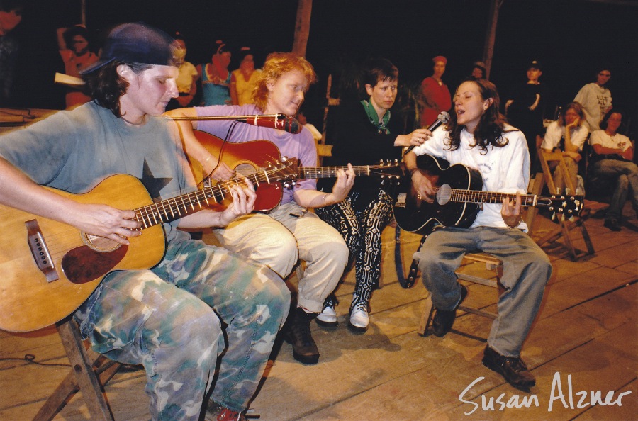 Indigo Girls and Michelle Malone perform for the Zapatista village of La Realidad in Chiapas, Mexico. Sara Lee serves as the mobile mic stand!