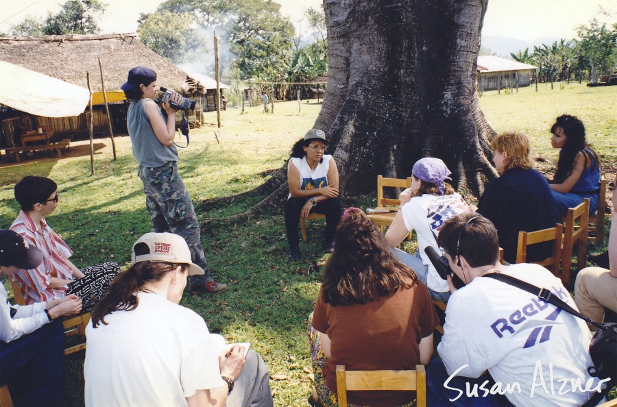 Indigo Girls and friends are briefed by Cynthia Rodriguez during their visit to the Zapatista village of La Realidad in Chiapas, Mexico